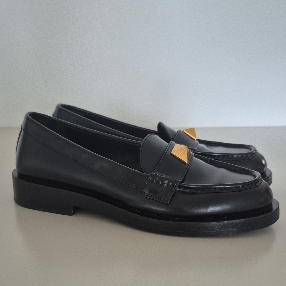Valentino Garavani Women's Black Leather Loafers with Roman Studs, Size 38